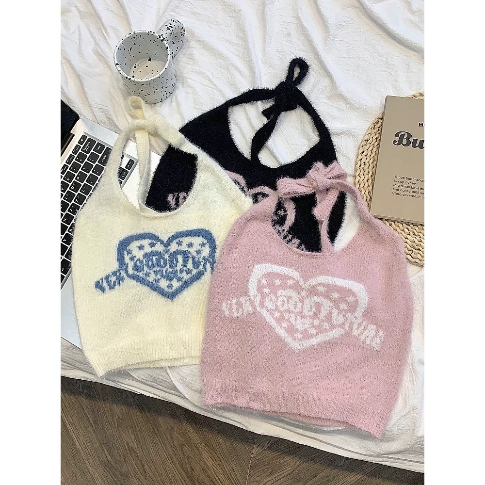SHOP_MKLเสื้อไหมพรมสายเดี่ยว คล้องคอ ผ้านิ่ม ลายปักรูปหัวใจ#X22