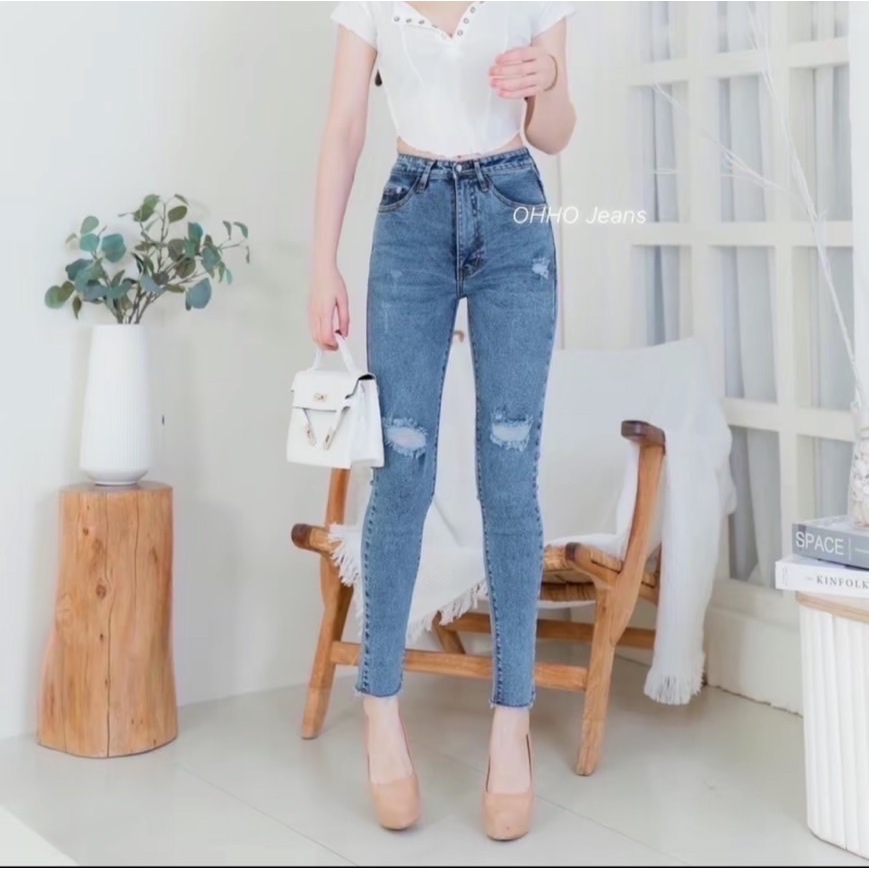 D.5506 กางเกงยีนส์ขาเดฟ ผ้ายืด เอวสูง งานแฟชั่น สีสโนว์บลูสวยมาก