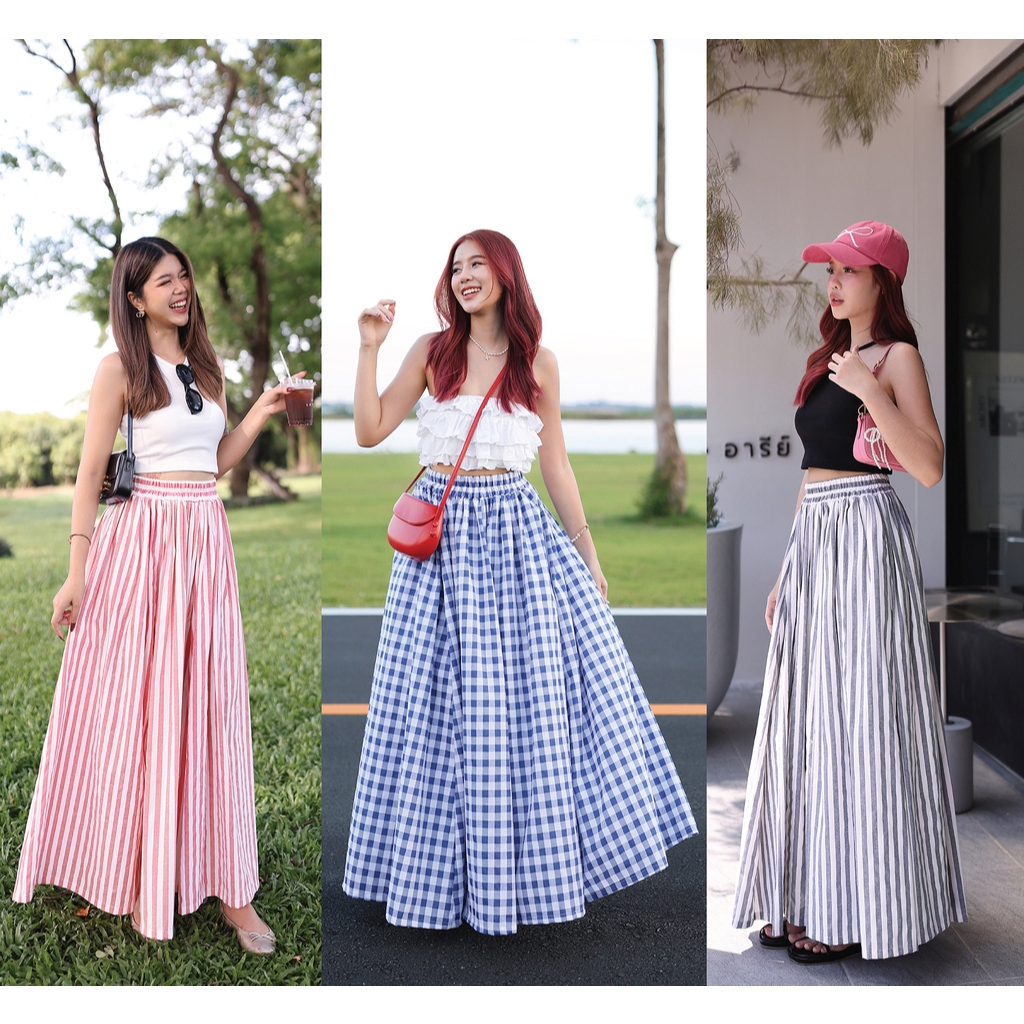 NUMBERSEVEN - P0122977 VOLUMINOUS MAXI SKIRT - มี 3 สี : สก็อตน้ำเงิน, ริ้วแดง, สีเทา
