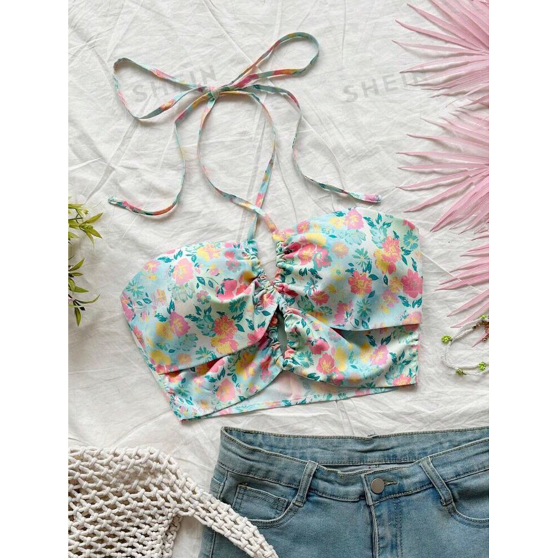 SHEIN WYWH เสื้อท็อปคล้องคอ ผู้หญิง พิมพ์ลาย ดอกไม้