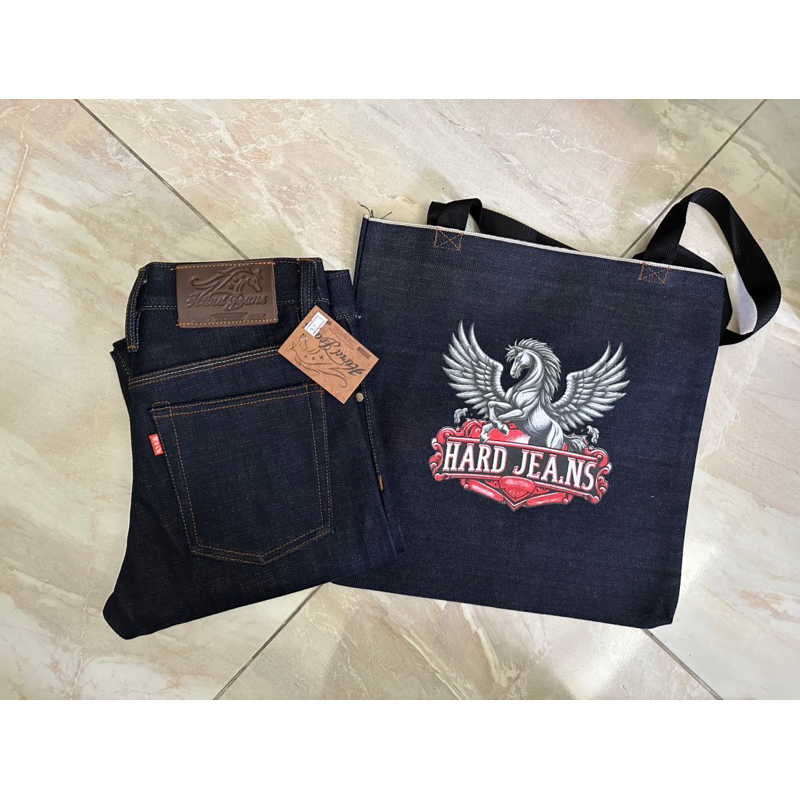 Hard jeans 25ozซ่อนลายริมแดงมีกะบอกเล็กslimและทรงกะบอกตรงstraight