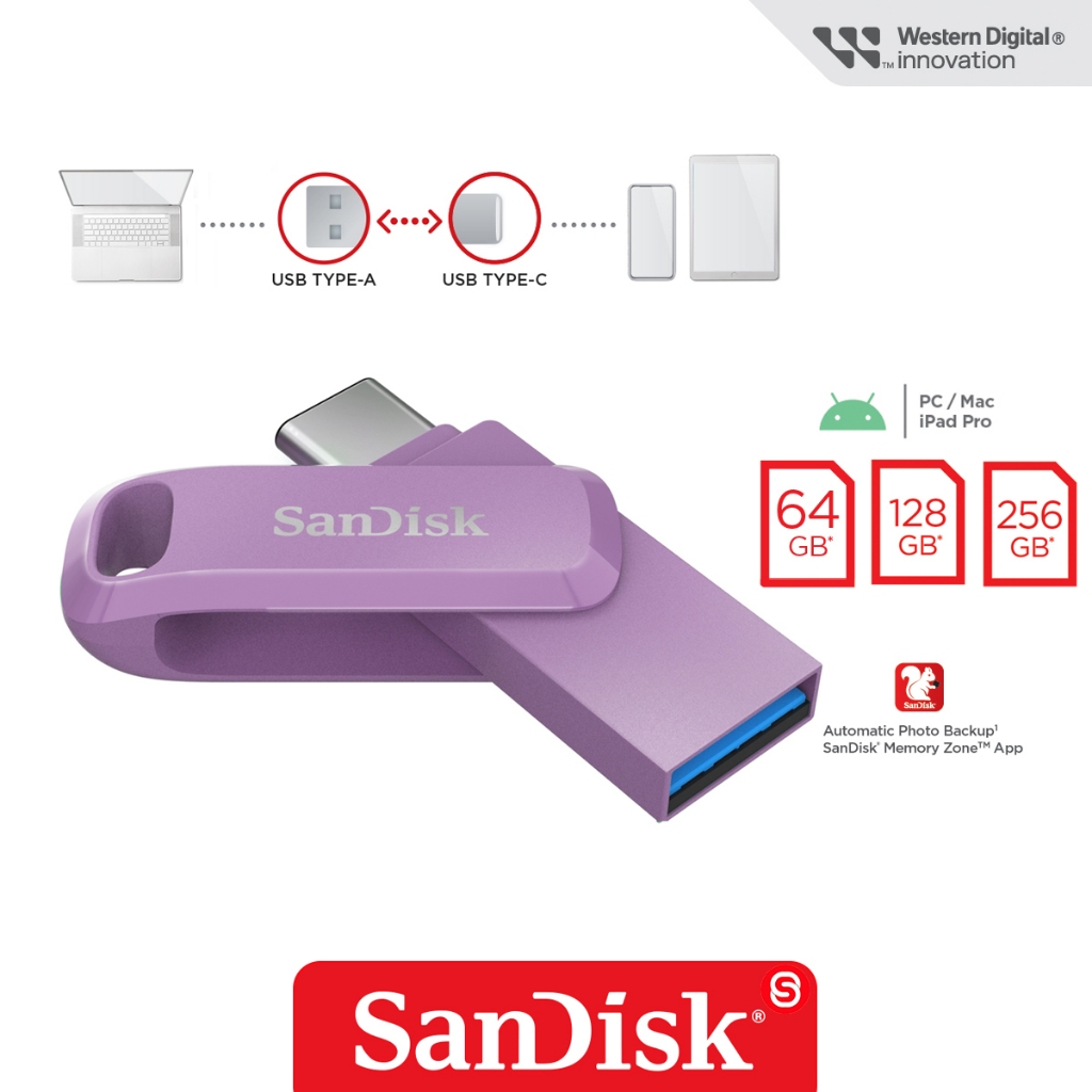 SanDisk ULTRA DUAL DRIVE GO TYPE-C 64GB 128GB 256GB ม่วง (SDDDC3-G46L)  USB Type C - USB A