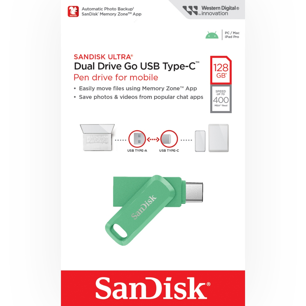 SanDisk Dual Drive Go 128GB USB3.1 เขียว Flash Drive Type C 400 MB/s (SDDDC3-128G-G46AG) แฟลชไดรฟ์