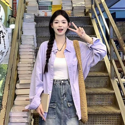 ล้างสต็อก⚡️ เสื้อเชิ้ตโอเวอร์ไซส์หญิง อก44 สีม่วงแขนยาวคอปก CTB073 สำหรับสาวอวบคิ้วท์ๆสไตล์เกาหลีทรงสวยใส่เที่ยวใส่ทำงาน