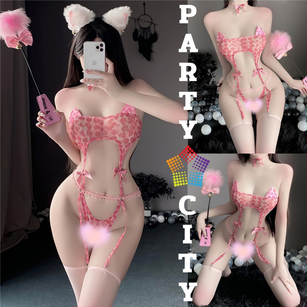 PARTY CITY ชุดบอดี้สูท ชุดนอน ชุดแซ่บๆ เกาะอกแต่งลายเสือ สร้อยคอโบว์น่ารักๆ เกาะอกแต่งลายเสือ PC-669
