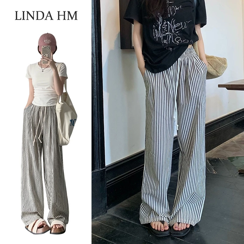 LINDAพร้อมส่งจากกทม กางเกงลายทาง สไตล์ลำลอง สำหรับผู้หญิง กางเกงขากว้างเอวสูงทรงหลวม(มี 2สี 4ขนาดให้เลือก)