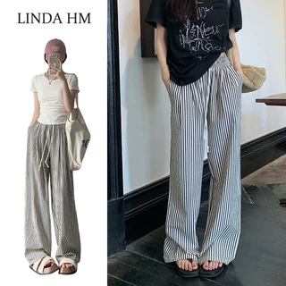 LINDAพร้อมส่งจากกทม กางเกงลายทาง สไตล์ลำลอง สำหรับผู้หญิง กางเกงขากว้างเอวสูงทรงหลวม(มี 2สี 4ขนาดให้เลือก)