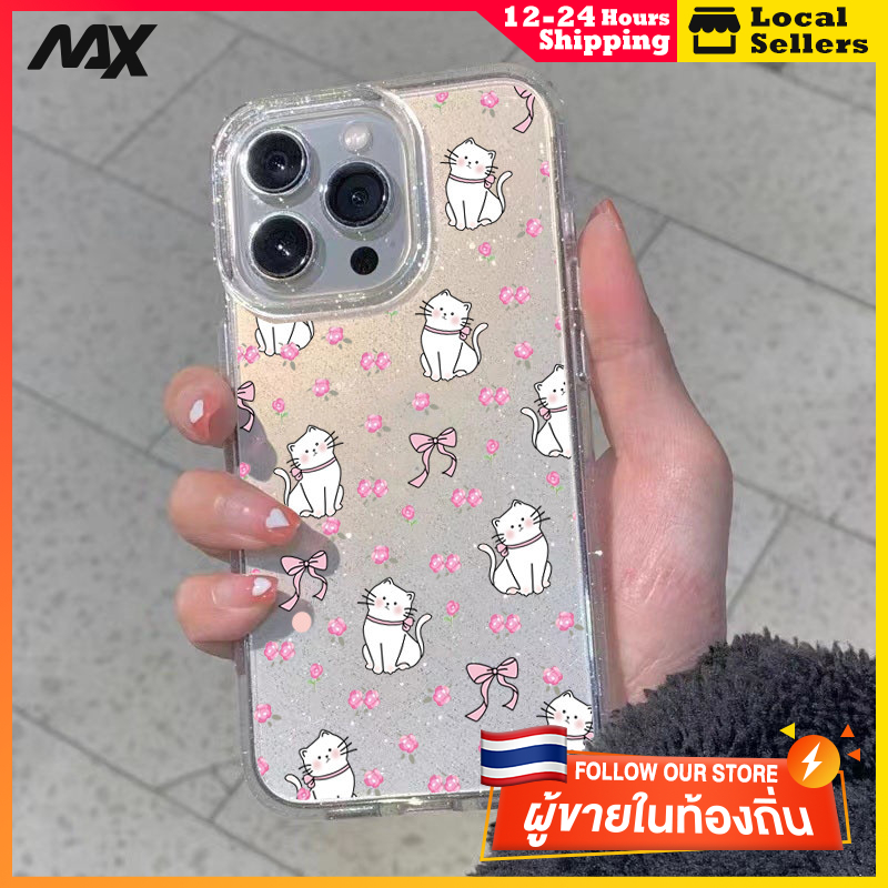 ผงเพชรแผ่นโปร่งใส เทรนด์แฟชั่น คิตตี้โบว์ for 11 12 13 15 14plus 15 pro max XR 12 13pro 14 7P 8P XS 14Pro 11pro