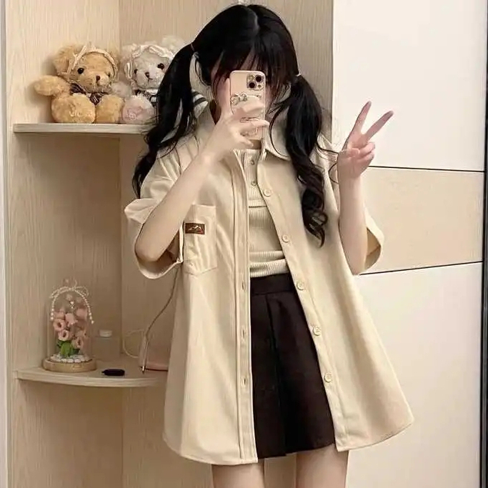 MCB071 เสื้อคอปกหญิง แขนสั้นลําลองสไตล์เกาหลีมินิมอล อก44 ทรงหลวม แฟชั่นฤดูร้อน ขนาดฟรีไซส์ Cream พร