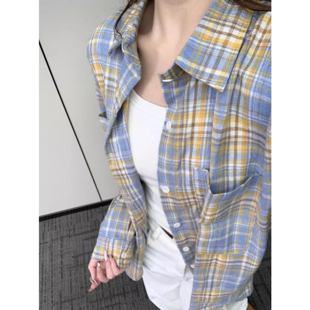MCB065 เสื้อเชิ้ตคอปกลายสก็อต แขนยาวผู้หญิง ( free size อก42 ) มีของพร้อมส่ง เนื้อผ้านุ่ม ใส่สบาย ไม