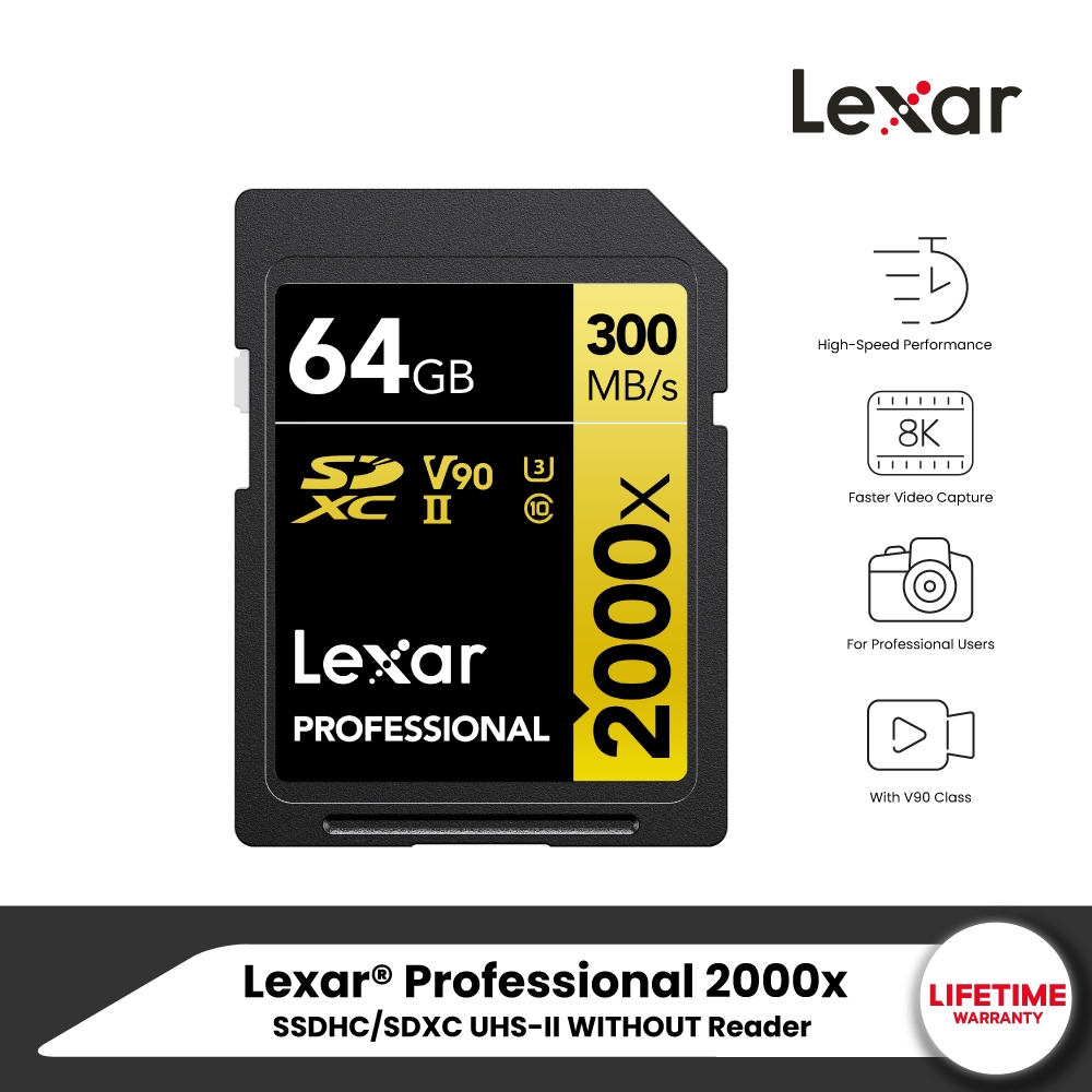Lexar SD2000x 128GB UHS-II U3 V90 SD Card (เอสดีการ์ด) Full-HD 3D 4K 8K RW300/260MB/s (LSD2000128G) เมมโมรี่การ์ด
