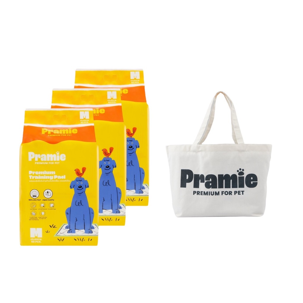 Bundle X 3 Pramie Premium Training Pad แผ่นรองซับ : Size M 45x60 cm + กระเป๋าผ้าแคนวาส (จุ่มลาย)