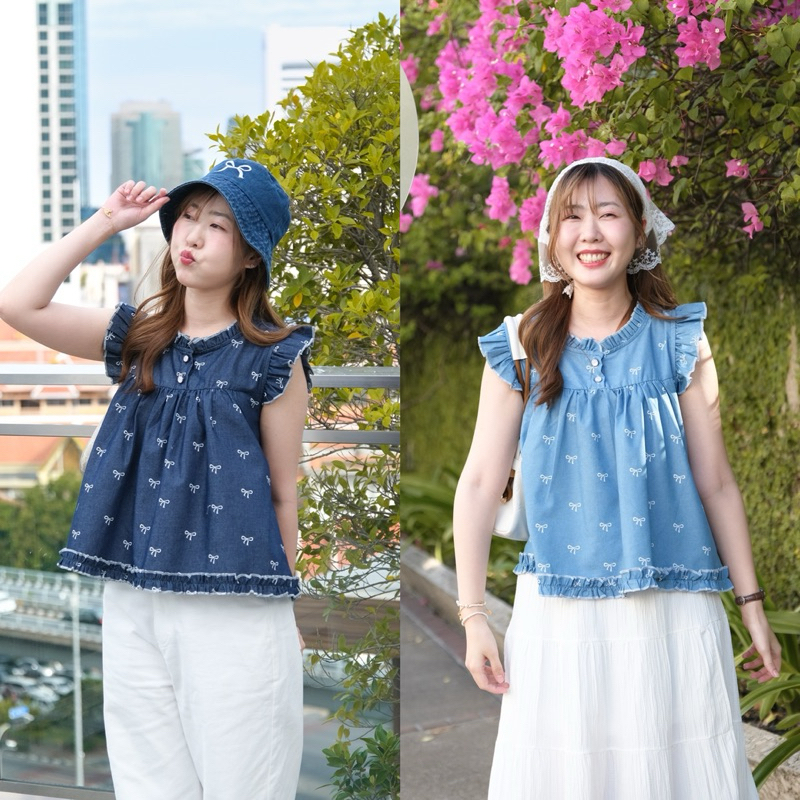 (7.7 ใช้โค้ด ”WTT2L8“ ลด 20%)Chakiya.store❣️เสื้อสียีนส์ผ้าคอตตอน สกรีนลายโบว์ ทรงน่ารักมั่กกกก