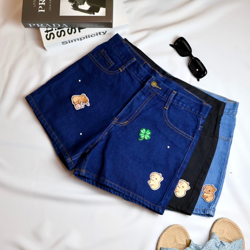 📍เอว 26-44📍 กางเกงยีนส์ขาสั้น เอวสูง (ผ้าไม่ยืด) - ติดอุปกรณ์ - รุ่น บีเวอร์  เข้ม อ่อน ดำ #JUNE2406