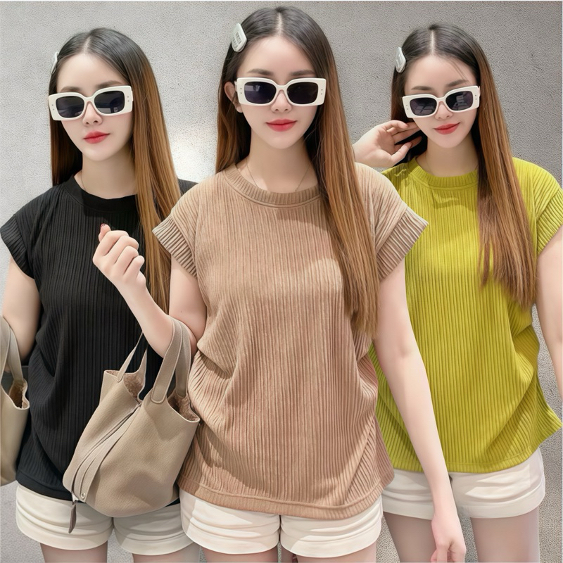 เสื้อจีบข้าง ผ้ายืดท๊อฟฟี่ (คอกลม) อก 32-42 นิ้ว