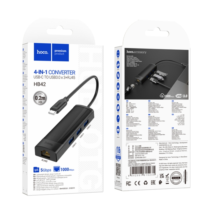 Hoco 4-IN-1 Converter USB-A to USB 2.0 3+RJ45 (HB42)