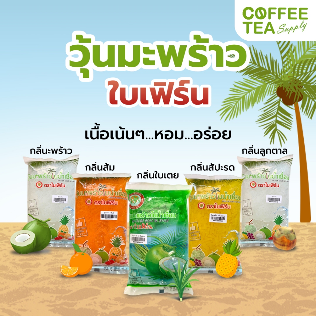 วุ้นมะพร้าว ในน้ำเชื่อม ตราใบเฟิร์น 900 กรัม รสใบเตย มะพร้าว ส้ม สับปะรด