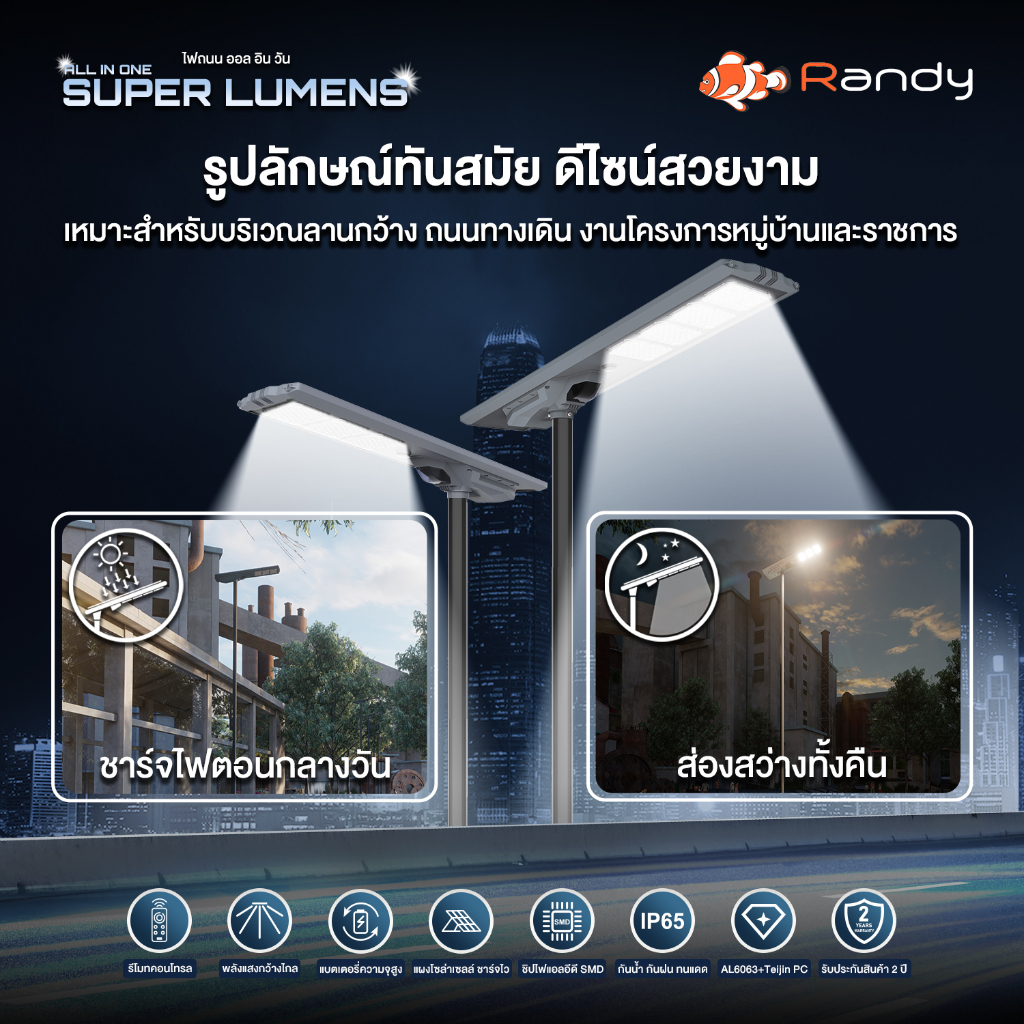 Randy LED Solar StreetLight PROMAX โคมไฟถนน AllIn1 ประกัน2ปี ไฟ แอลอีดี โซล่าเซลล์ กันน้ำ สว่าง ไฟถนนโซล่าเซลล์ ขนาดใหญ่ - รูปที่ 7