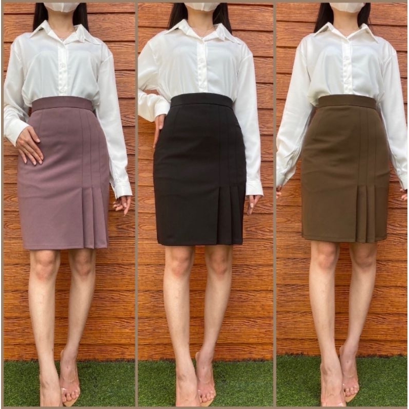 ❤️กระโปรงผ้าโรเชส รุ่น Jinnie ทรงสอบ จีบหน้า ยาว 22นิ้ว❤️