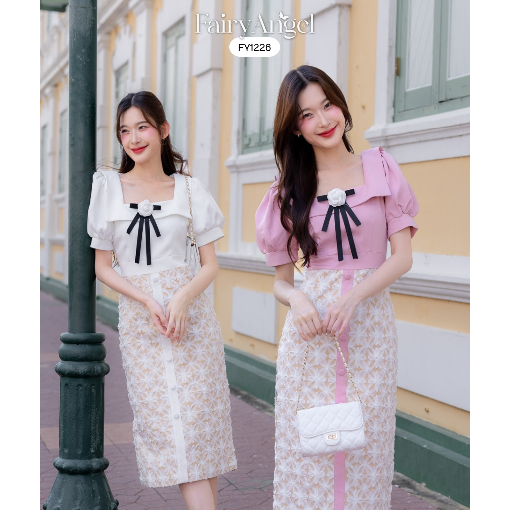Fairyangrlstore - เดรสแขนตุ๊กตาแต่งโบว์อก (FY1226)