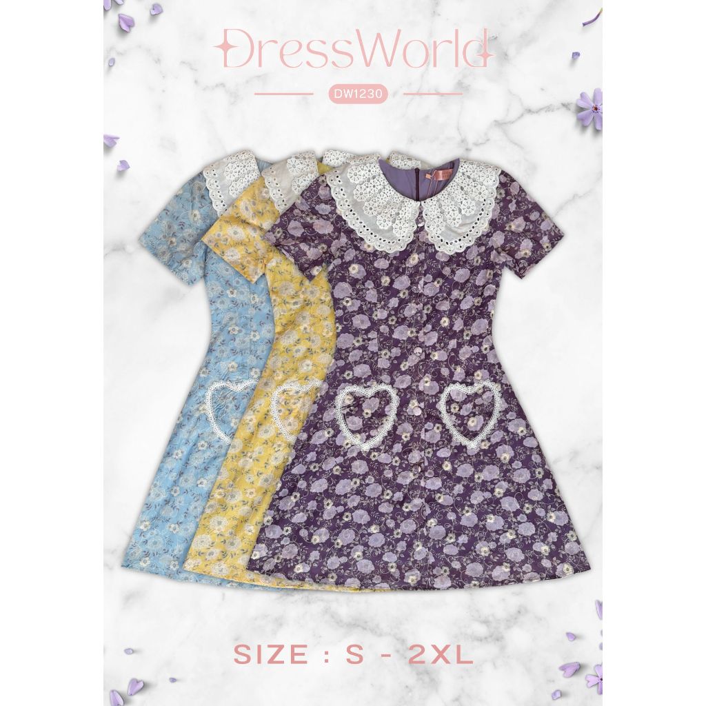 {S-2XL} 1230 งานป้าย Dress World เดรสสั้นลายดอก ปกฉลุลูกไม้ แต่งลูกไม้หัวใจ รุ่นนี้ไม่มีไม่ได้เลยน๊าา
