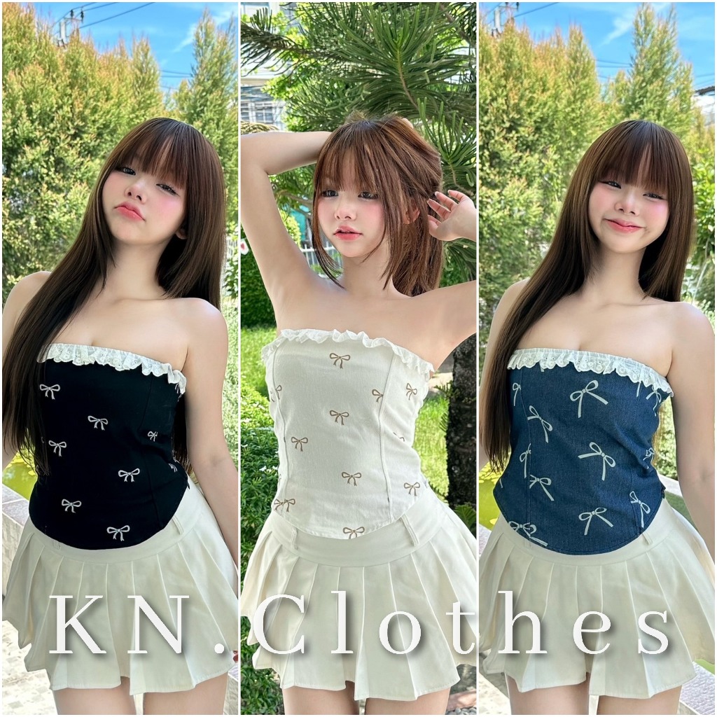 KN.Clothes เสื้อเกาะอก แต่งระบายหน้าอก มีซิบซ่อนด้านข้าง ผ้าลูกไม้/ผ้ายีนส์ Nusa.Style