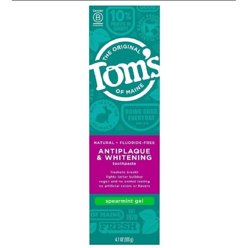 พร้อมส่ง Tom's of Maine Natural Antiplaque & Whitening Toothpaste Fluoride-Free, Spearmint Gel 130 g. Lot ใหม่เเท้ U.S.A