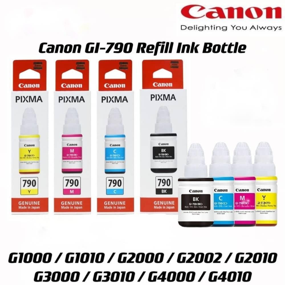 หมึกเติมของแท้ 100% CANON INK # GI-790 หมึกขวดแท้ 4 สี BK / C / M / Y สำหรับ Canon Pixma G1010 / G2010 / G3010 / G4010