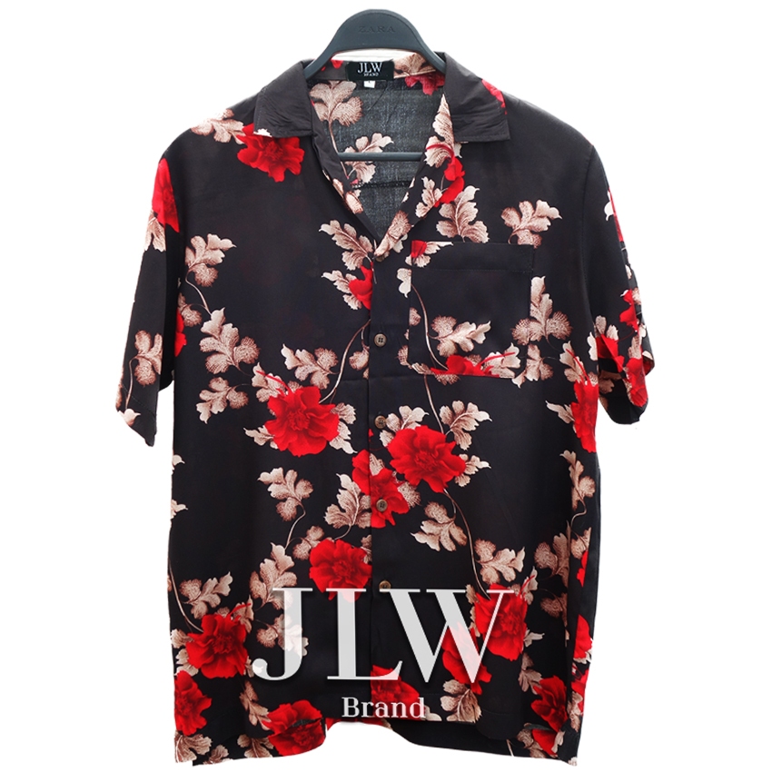 เสื้อฮาวาย ลายดำดอกแดง ผ้านิ่มใส่สบาย JLW BRAND ผ้าเรย่อน