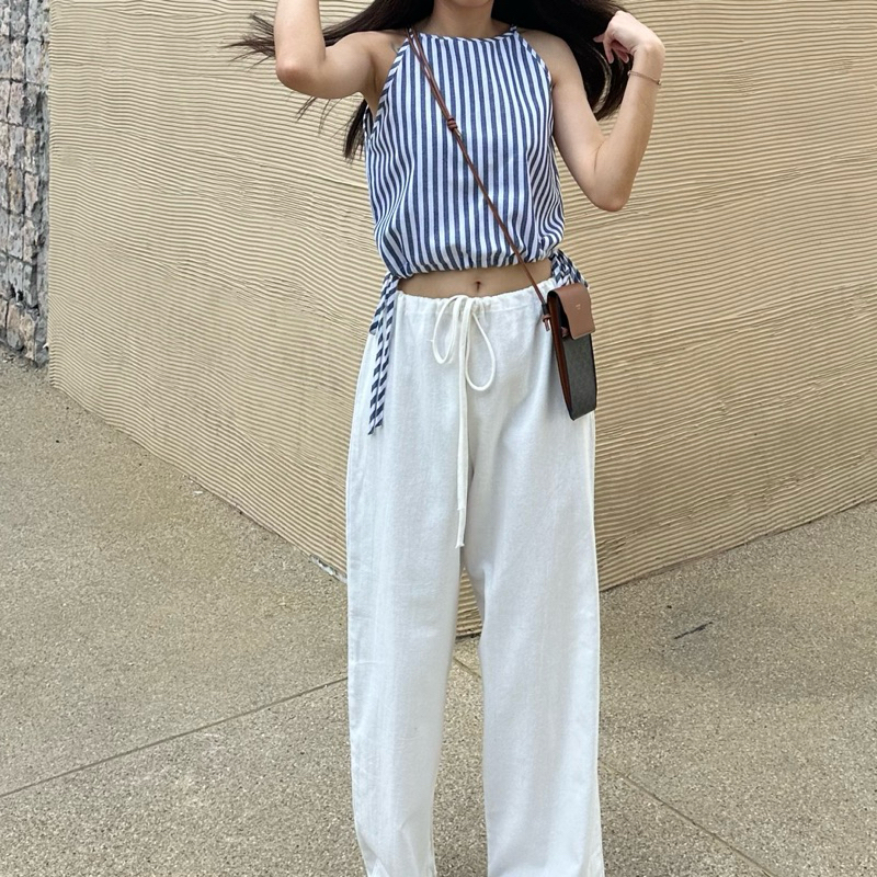 Pao pao set ชุดเซ็ทเสื้อกางเกงขายาวผ้าฝ้าย ชุดมินิมอลไปคาเฟ่ ชุดเซ็ตผู้หญิง