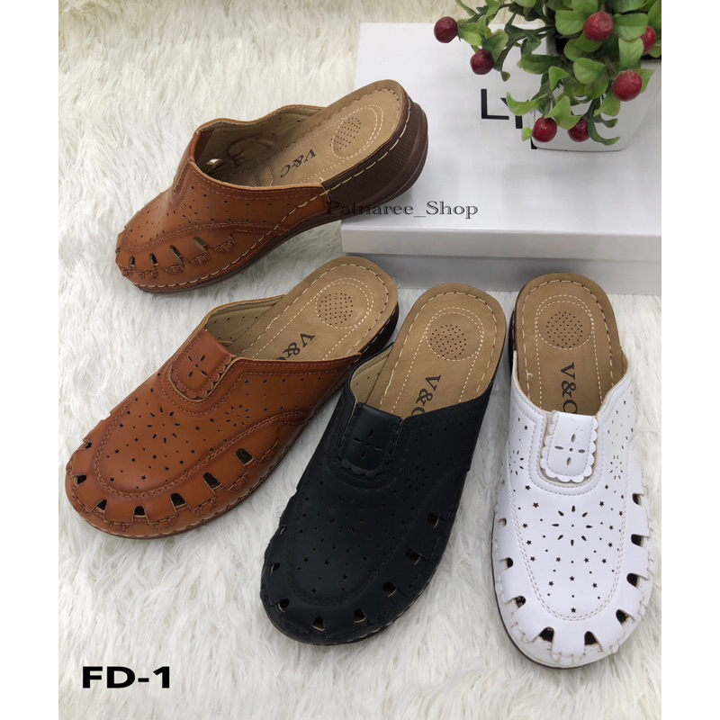 พร้อมส่ง รองเท้าเปิดส้น แบบสวม รุ่น FD-1 หน้าฉลุลายสวย หนังนิ่ม ใส่สบายเท้า Size 35-41