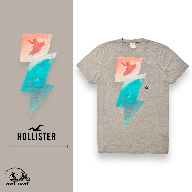 Hollister เสื้อยืดคอกลม แขนสั้น สีเทา สกรีนลาย ผ้านิ่ม ใส่นุ่มสบาย ไซส์M ของแท้ พร้อมส่ง