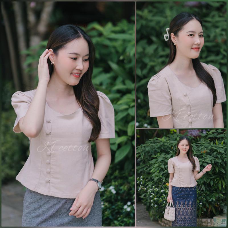 เสื้อผ้าฝ้ายคอเหลี่ยม กระดุมปั๊ม** ไม่ต้องเผื่อไซด์