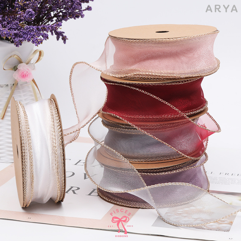 1 ม้วน*【10 หลา】 ARYA ริบบิ้นผ้าแก้วตัดขอบสีทอง กว้าง 4 ซม.