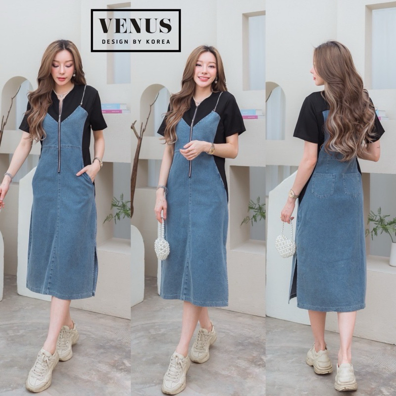 เดรสกระโปรงยีนส์ตัวยาว แต่งผ้าสลับยีนส์ S-5XL