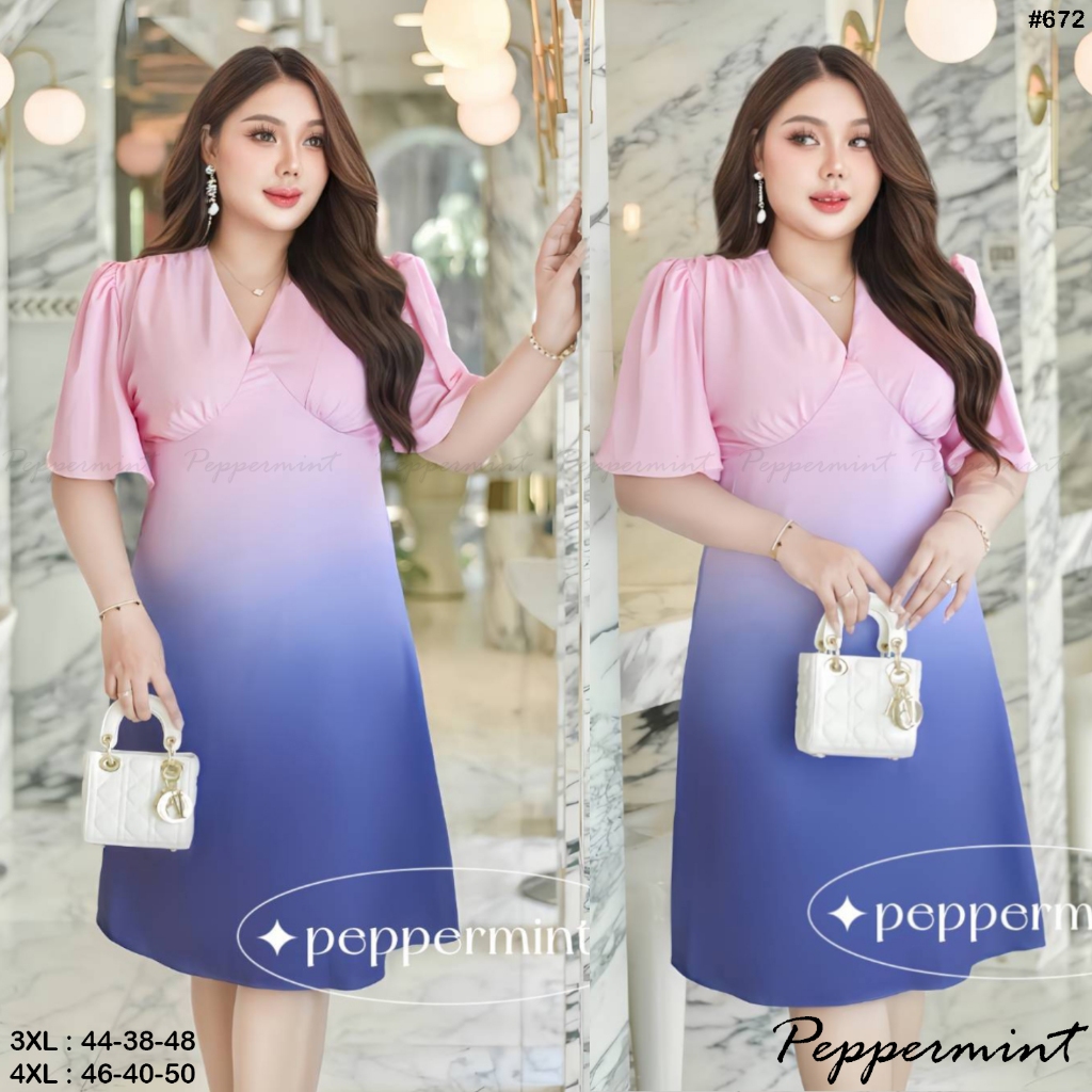 เสื้อผ้าสาวอวบ เดรสออกงานสุดหรู เดรสออมเบรย์ อก42-46 Peppermint PlusSize (672 668)