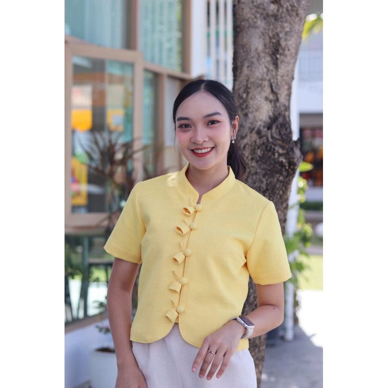 เสื้อผ้าฝ้าย ทรงคอจีน แขนสั้นดีเทลสวยเก๋ กระดุมดอกไม้งานhandmade ผาฝ้ายเยื่อไผ่อัดกาวทั้งตัวเนื้อนุ่มใส่สบาย(พรีออเดอร์)