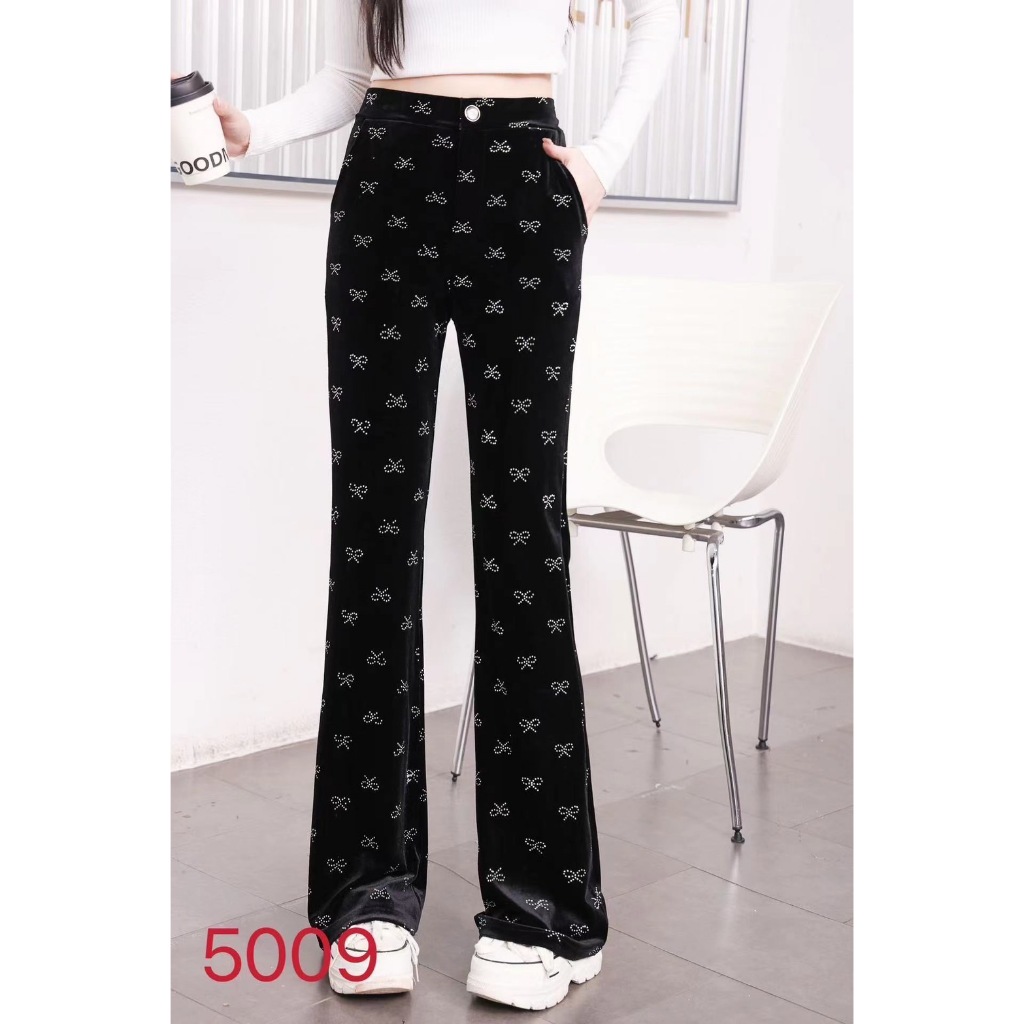 กางเกงขาม้าเอวสูงผ้ากำมะหยี่ ​รีดเพชร ตัวหนังสือ เอวยางยืด​ #5009