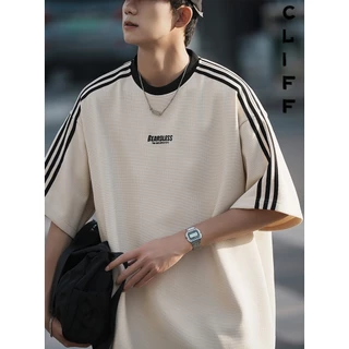 CLIFF เสื้อยืดวาฟเฟิลด์ แขนสั้นผู้ชาย เสื้อลายทาง สไตล์อเมริกันวินเทจ