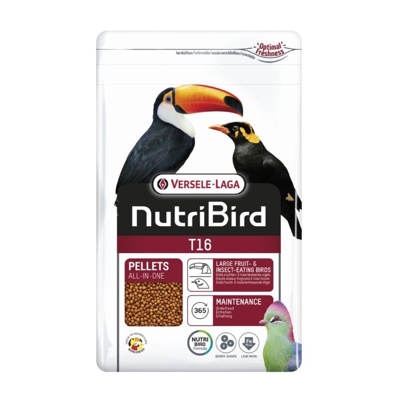 อาหารนก Versele-Laga Nutribird T16 อาหารอัดเม็ดสำหรับนกตระกูลขุนทอง นกเอี้ยง กินผลไม้และแมลง 2กก.