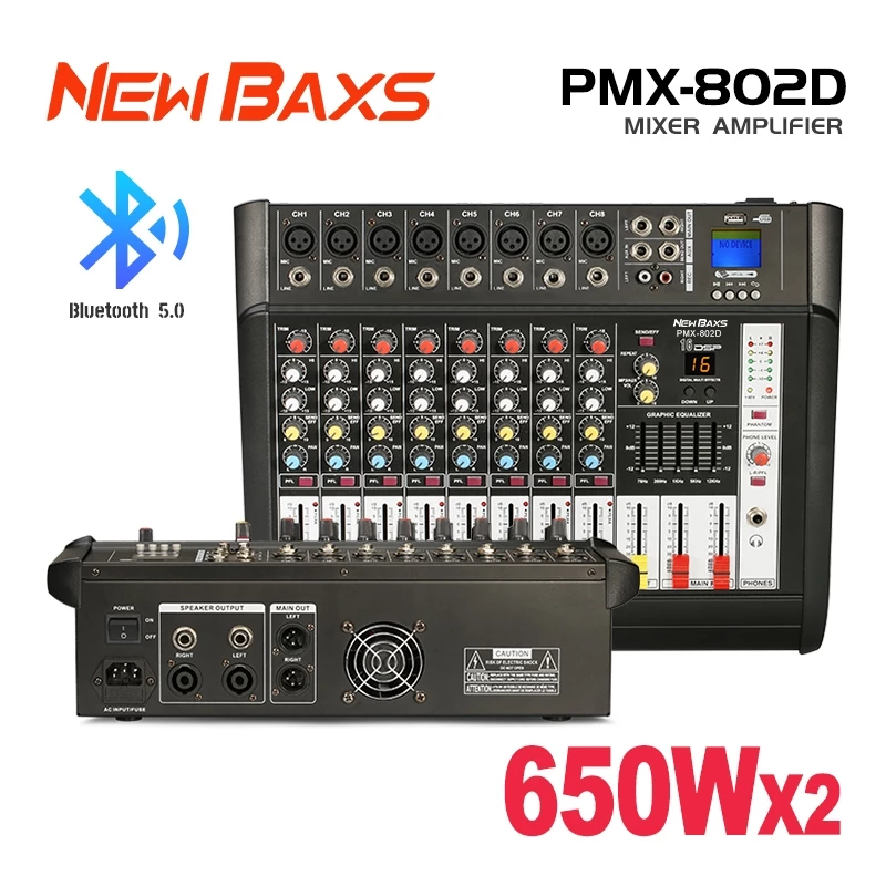 Newbaxs PMX802D มิกเซอร์ 650W high Power Amplifier 2 ไมโครโฟนไร้สายในตัว 3-in-1 DSP Effect บลูทูธ/USB/MP3