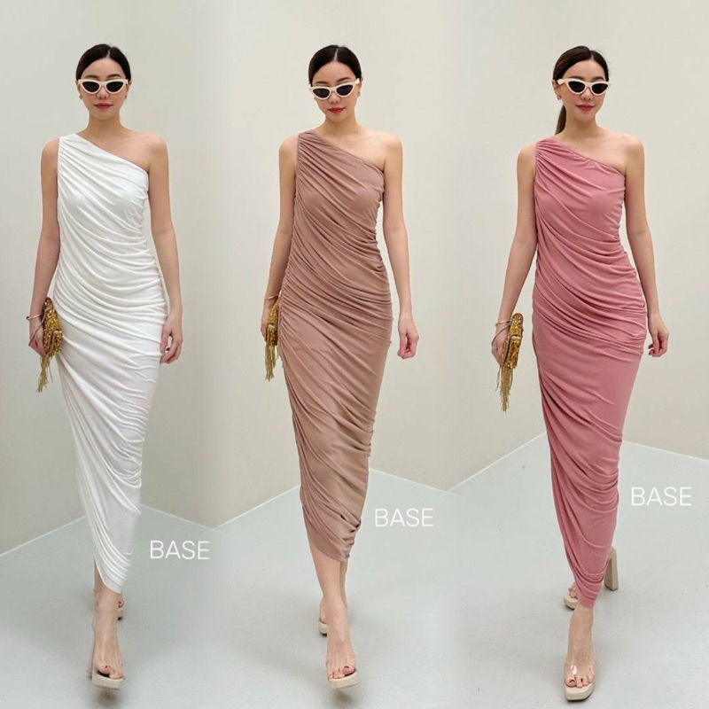 Stella dress เดรสไหล่เฉียง ดีเทลแต่งจับจีบขอบย่นรอบตัว
