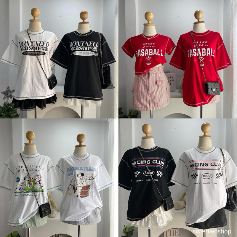 ST111 🎱🫶🏻 (เฉพาะเสื้อ) เสื้อยืดโอเวอร์ไซส์ แต่งเดินตะเข็บด้าย พร้อมส่ง!