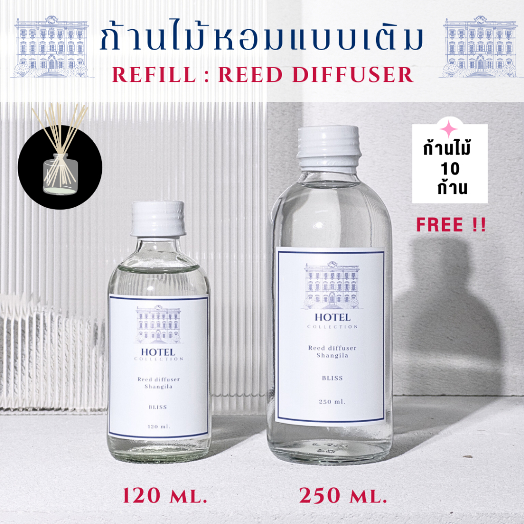 ก้านไม้หอมแบบ รีฟีล [ แถมก้านไม้ 10 ก้าน ] ขนาด 120 - 250 ML กลิ่นโรงแรม กลิ่นแบรนด์เนม - BLISS