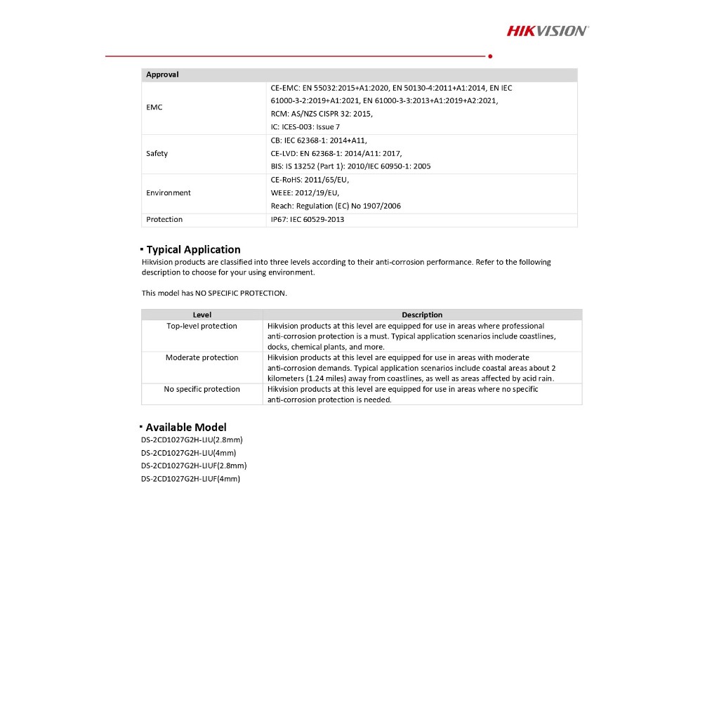Hikvision กล้องวงจรปิด 2MP ColorVu มีไมค์ในตัว ไม่มีช่องใส่เมม รุ่น DS-2CD1027G2H-LIU เลนส์ 2.8mm