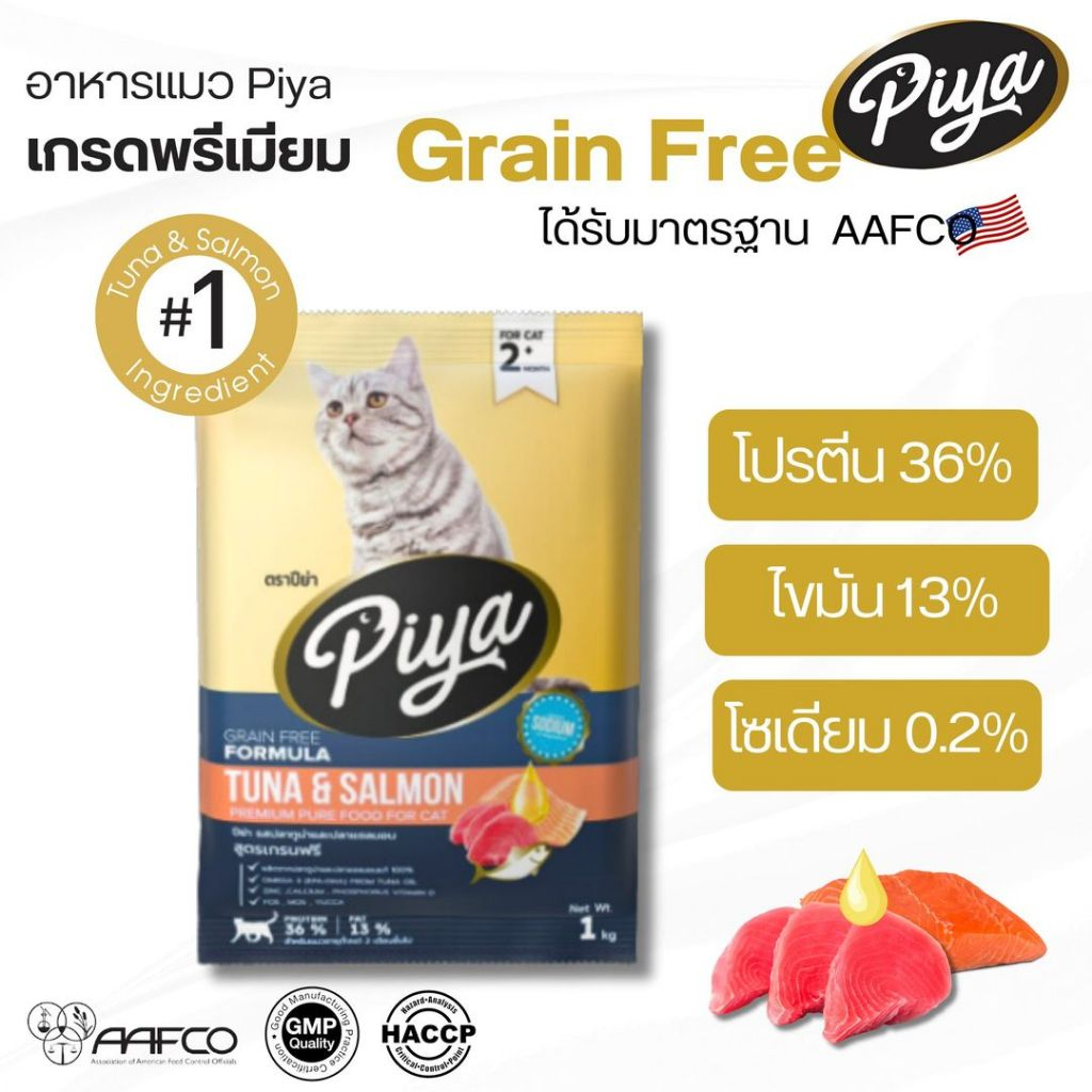 อาหารเเมว piya ปิย่า สูตรเกรนฟรี ทูน่าเเซลมอน 1kg.