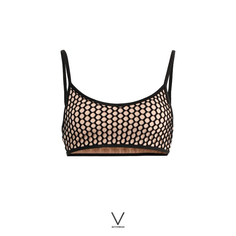 RESORT COLLECTION 2025 BLACK SINGLET BRA บราสายเดี่ยผ้าตาข่ายสีดำ ผ้าหนา มีฟองน้ำในตัว กัน UV UPF 50+