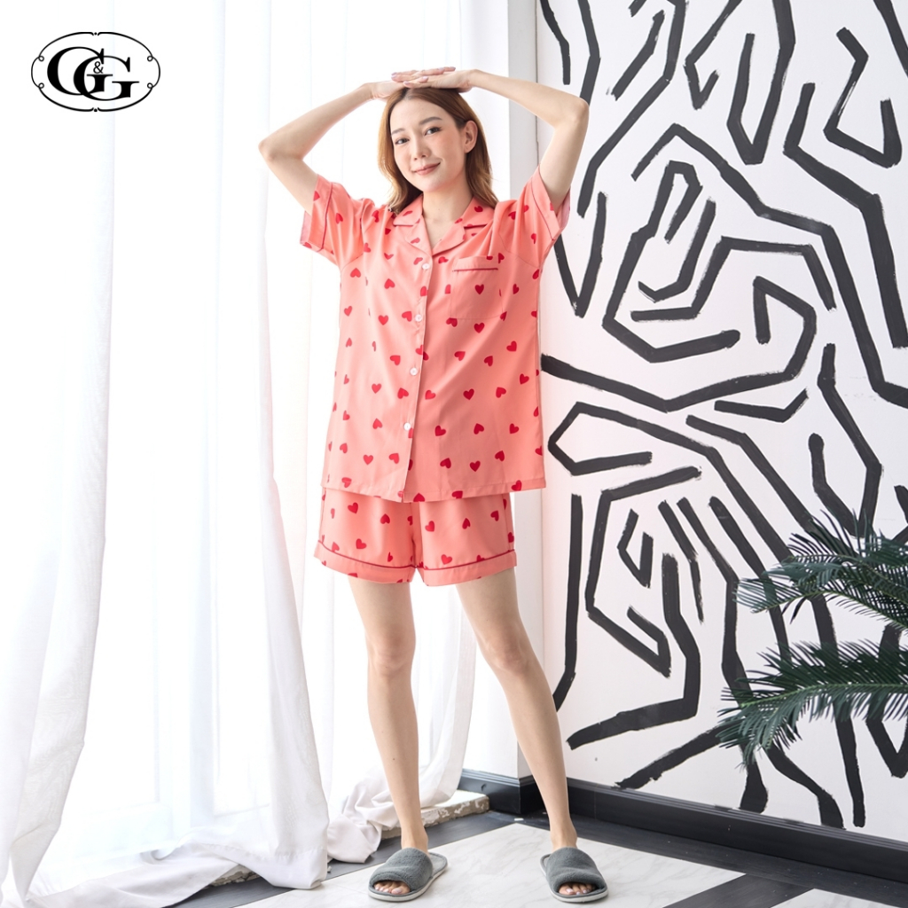 G&G ชุดนอน เสื้อแขนสั้นคอปก กางเกงขาสั้น ผ้าไหมอิตาลี ลายหัวใจ EN1P007 สีส้มอ่อน (OR)