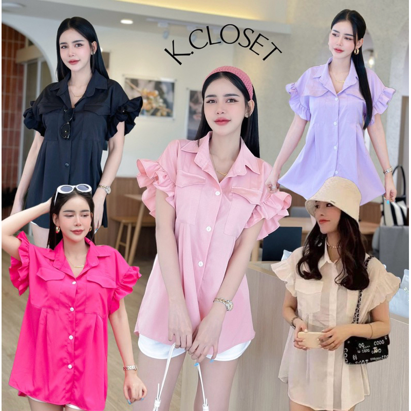 เสื้อเชิ้ตแขนสั้นระบายแขนสั้น อกใหญ่สาวอวบใส่ได้ เสื้อเชิ้ตสาวอวบ