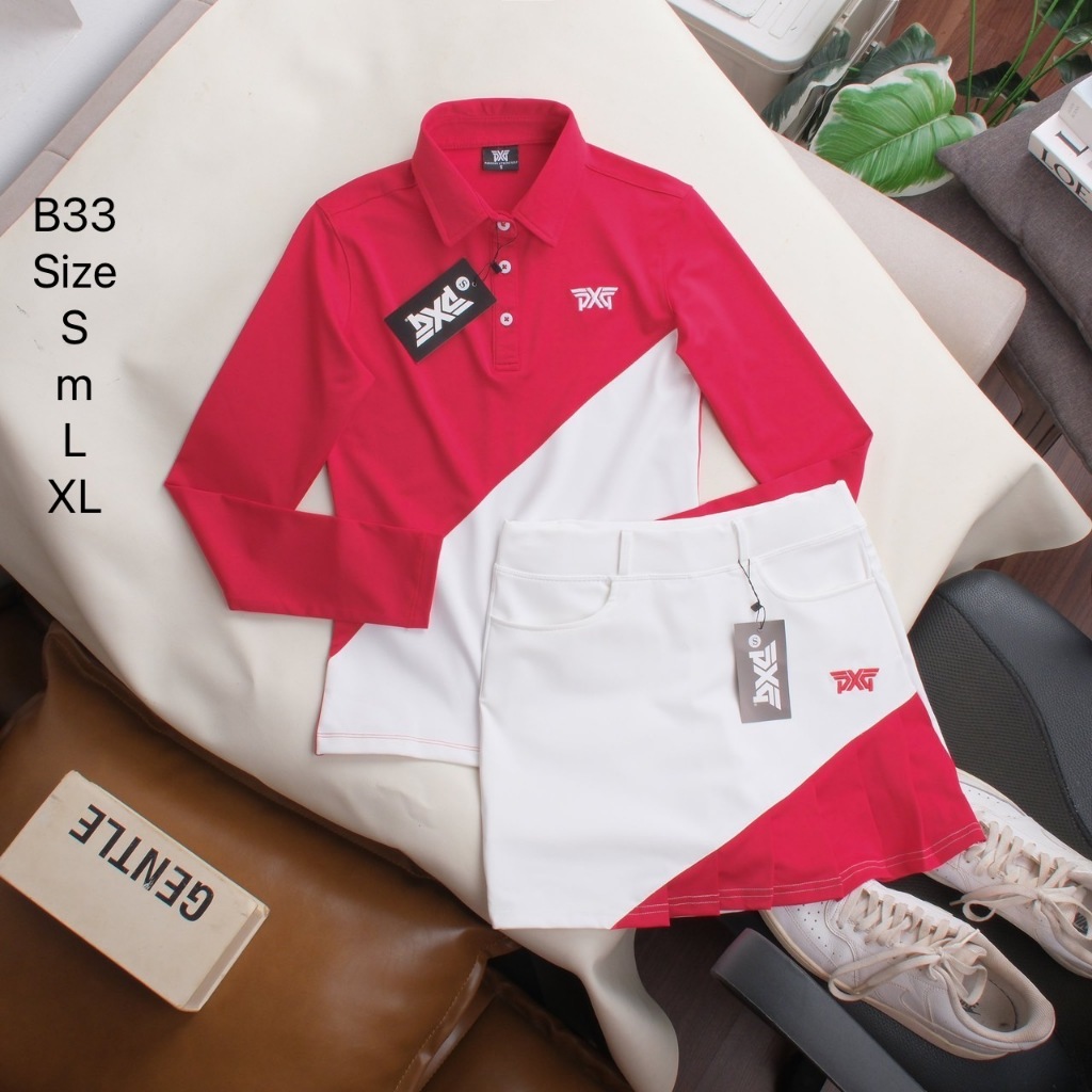 พร้อมส่ง (ราคาพิเศษ) ชุดตีกอล์ฟผู้หญิง เสื้อคอปกแขนยาว กระโปรงมีซับใน